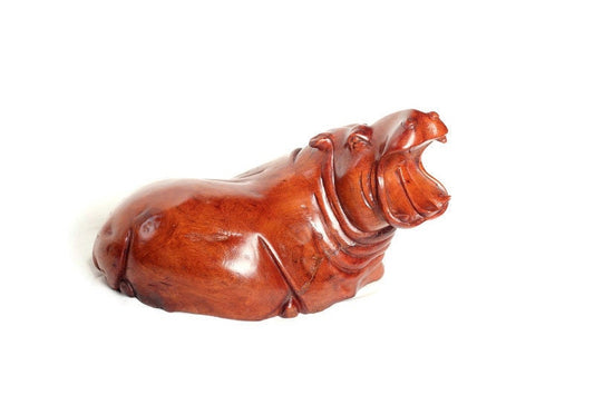 Lebensechtes, sitzendes Nilpferd-Meisterwerk aus Mahagoniholz ​​mit offenem Mund. Afrikanische handgeschnitzte Nilpferdkunst. Safari-Dekor-Geschenke, versandfertig.