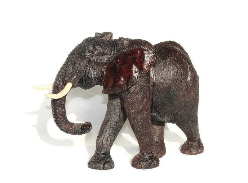 Walking Large Fine Art Dark Brown Elephant Ironwood Sculpture. Zimbabwean handcarved fully detailed lifelike figurines. African Décor gifts.