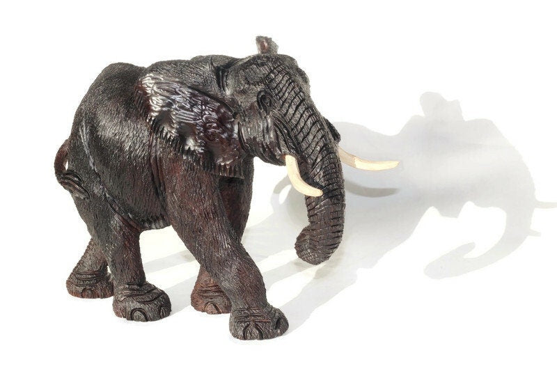 Walking Large Fine Art Dark Brown Elephant Ironwood Sculpture. Zimbabwean handcarved fully detailed lifelike figurines. African Décor gifts.