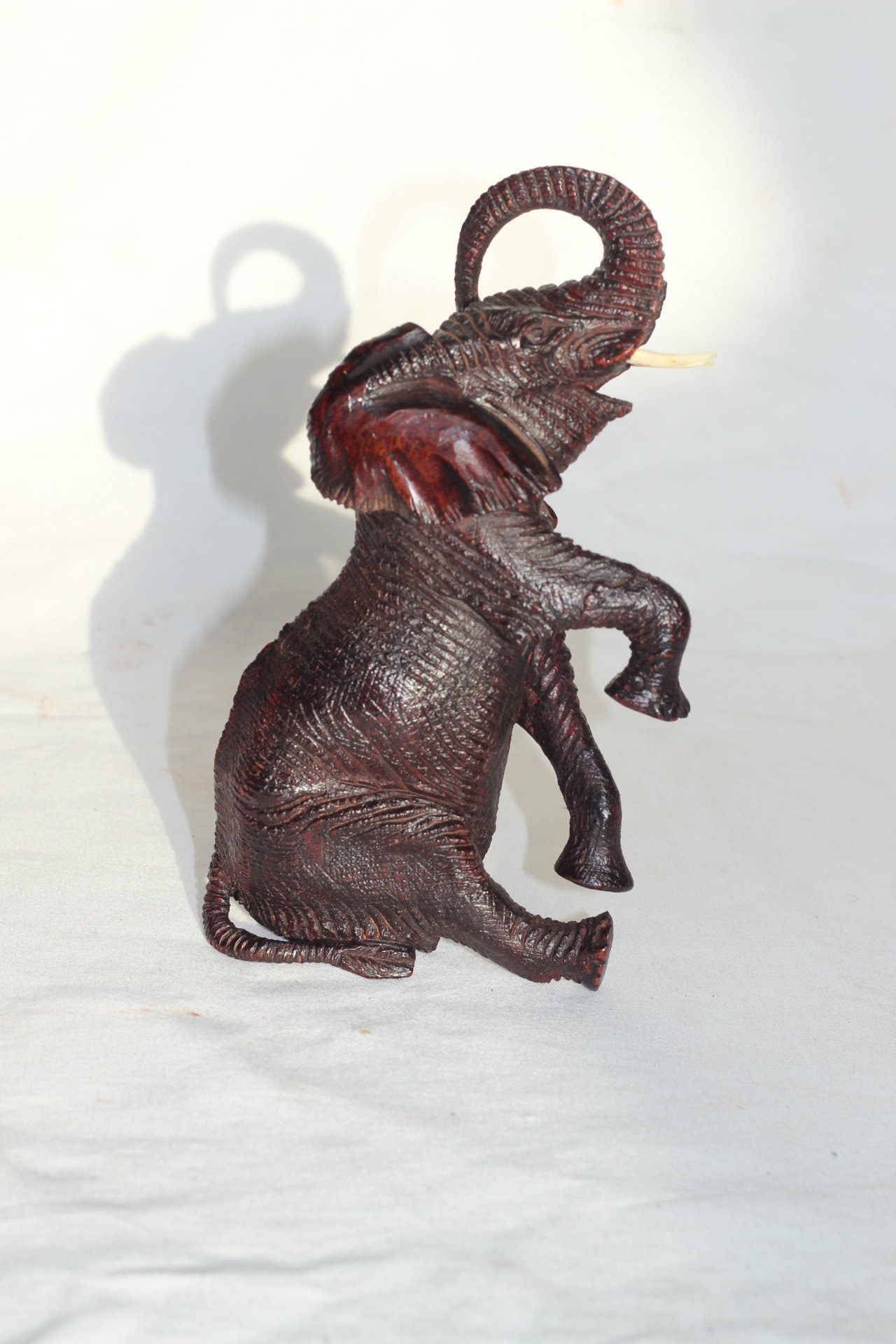 Ironwood lifelike Seating Trunk Up Elephant fully detailed Masterpiece. Zimbabwean Handcarved Dark brown Office/Home Deco. Unique Gift
