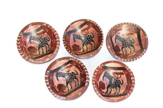 Set of 5 Giraffe or Elephant Painted Olive wood dry snack bowls. Carved and Gouged Black and Brown African art Deco gifts Ready to Ship.