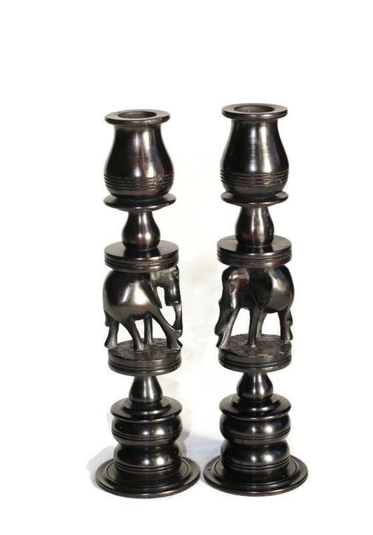 Ebony wood Carved Elephant theme Candlestick Holders set. This unique Masterpiece was made in Tanzania. African Art Gifts Home decor