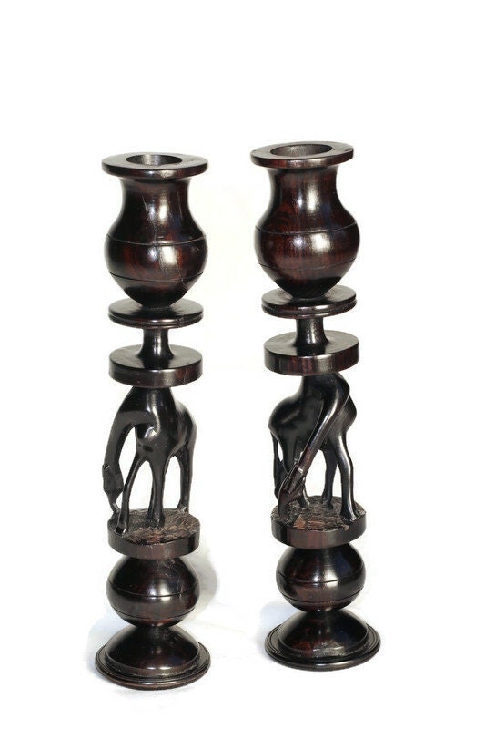 Large 12.5" Giraffe theme Ebony Wood Candlestick Holders set. Unique Masterpiece handmade in Tanzania. African Art Gifts Home/Office decor
