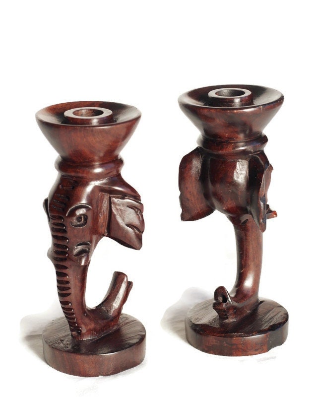 Set of 2 Carved Iron Wood Elephant Heads design candle stands home decor. African art Gifts Candle Stick Holder. Ready to Ship Worldwide