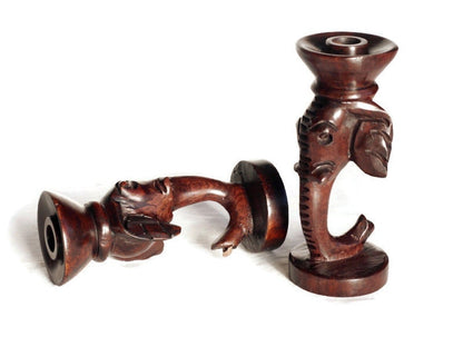 Set of 2 Carved Iron Wood Elephant Heads design candle stands home decor. African art Gifts Candle Stick Holder. Ready to Ship Worldwide