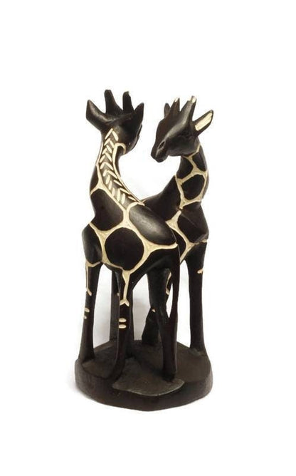 Figurine d'art en bois de Jakaranda, amoureux des girafes. Sculpture zimbabwéenne sculptée à la main pour la décoration de la maison/du bureau. Cadeaux de fiançailles/mariage africains uniques