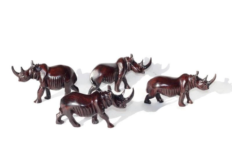 Ironwood Rhino Family mini figurines set of 3 or 4. Unique Safari art African sculptures, for home and office decoration. Ready to Ship Gift