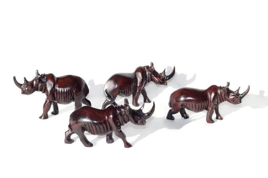 Ironwood Rhino Family mini figurines set of 3 or 4. Unique Safari art African sculptures, for home and office decoration. Ready to Ship Gift
