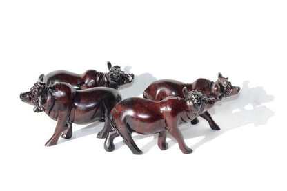 Smooth Fine Art Carved Buffalo herd of 4. Dark brown ironwood interior/Office Décor. Walking life like sculpture 13×7cm. Ready to Ship Gift
