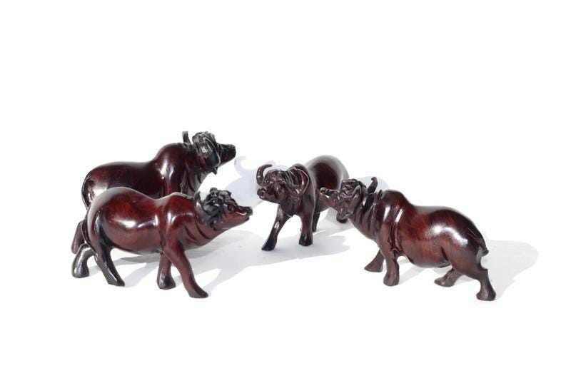 Smooth Fine Art Carved Buffalo herd of 4. Dark brown ironwood interior/Office Décor. Walking life like sculpture 13×7cm. Ready to Ship Gift