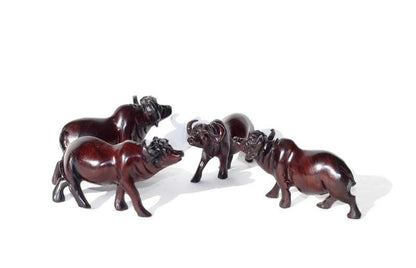 Smooth Fine Art Carved Buffalo herd of 4. Dark brown ironwood interior/Office Décor. Walking life like sculpture 13×7cm. Ready to Ship Gift
