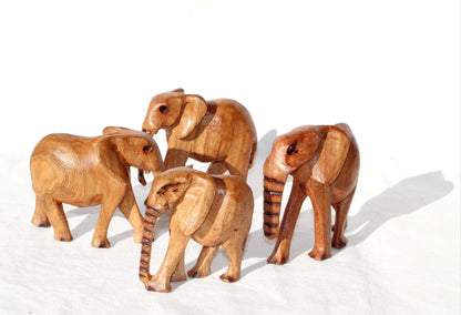 Set of 4 Hand Carved Elephant Herd Olive wood. Light brown polished African art Souvenirs, unique housewarming gift. Ready to Ship Worldwide