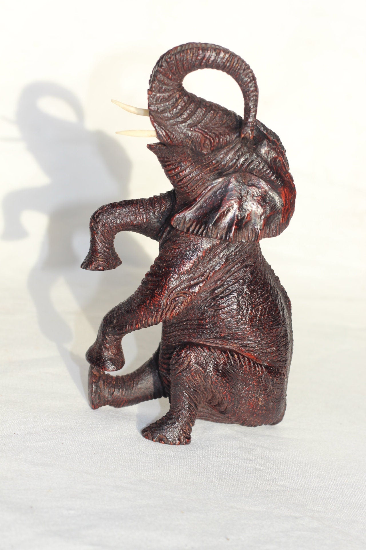 Ironwood lifelike Seating Trunk Up Elephant fully detailed Masterpiece. Zimbabwean Handcarved Dark brown Office/Home Deco. Unique Gift