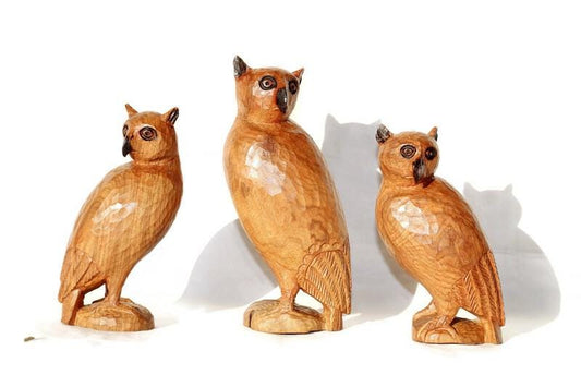 Olive Wood Carved Owls set of 3. light brown polished Zimbabwean Handcarved birds giftset for home decor. Ready to Ship African Art