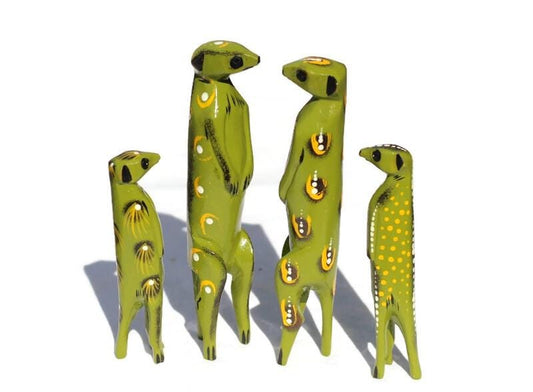 Family of 4 Green Painted Meerkat Jacaranda Wood sculptures. Hand Carved figurines. Home/Office interior decor African Art.