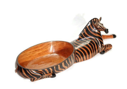 Seating Zebra animal print Teak wood Snack Bowl. Painted table centerpiece. Mozambique handmade Art Decor Christmas gifts