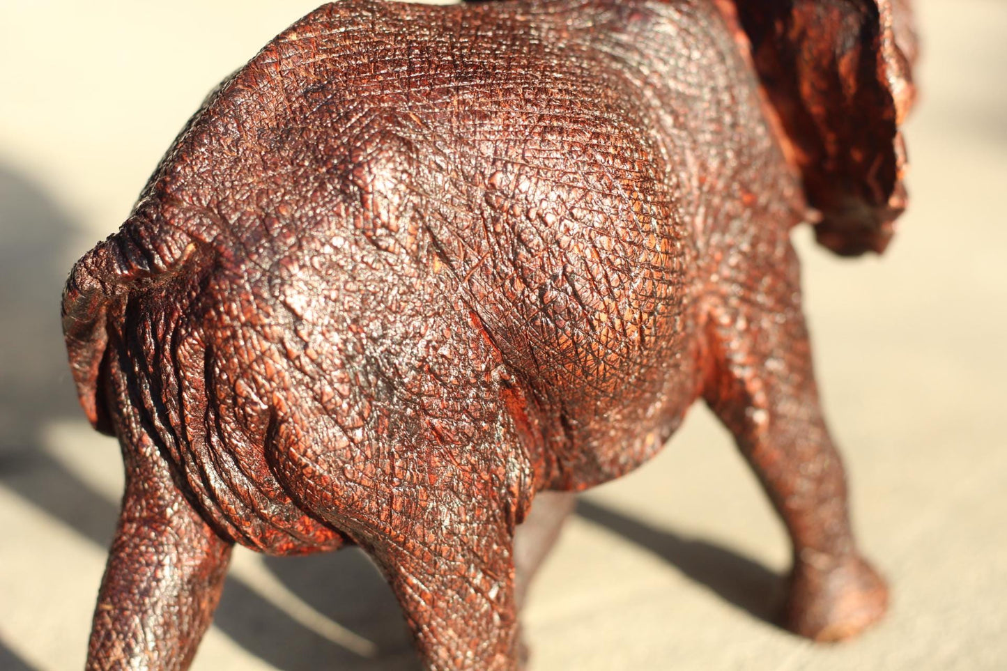 Realistic Elephant Carving Ironwood Sculpture. Walking with trunk upwards, Zimbabwean hand carved fully detailed art figurine. Ready to Ship