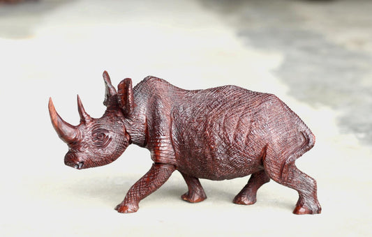 Lifelike fully detailed (B) Ironwood Rhino Figurine. Handcarved rough skin walking animal art sculpture. Home and Office Decor ready to Ship