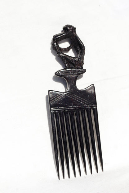 Genuine Ebony wood Seating Eating Baboon Tanzanian Handcarved Afro Pick. African Art comb gift. Used in the olden days as a symbol of love