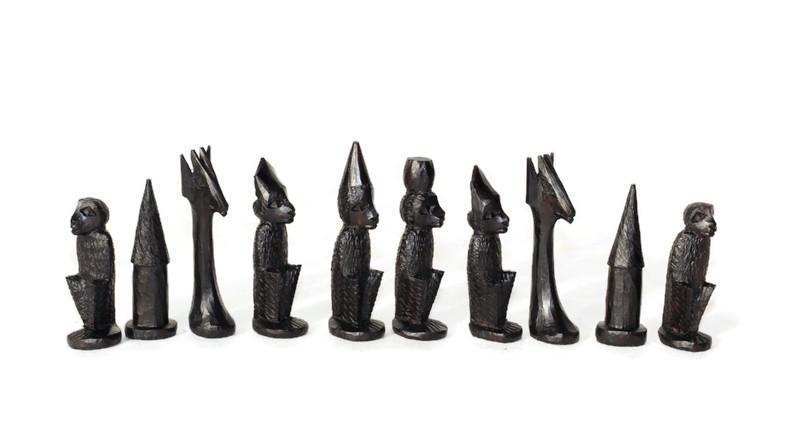 Malawian handcarved mix of Ebony and Mahogany Wood 30cm board and Tanzanian Makonde Monkey Themed Chess Pieces Set. unique combo Gift set