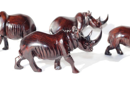 Ironwood Rhino Family mini figurines set of 3 or 4. Unique Safari art African sculptures, for home and office decoration. Ready to Ship Gift