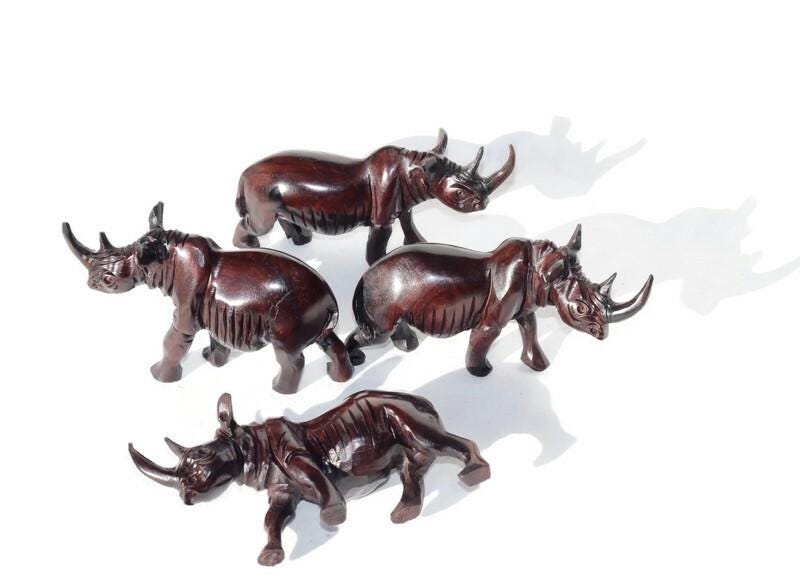 Ironwood Rhino Family mini figurines set of 3 or 4. Unique Safari art African sculptures, for home and office decoration. Ready to Ship Gift