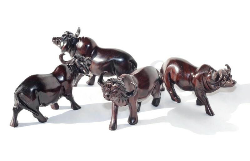Smooth Fine Art Carved Buffalo herd of 4. Dark brown ironwood interior/Office Décor. Walking life like sculpture 13×7cm. Ready to Ship Gift