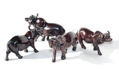 Smooth Fine Art Carved Buffalo herd of 4. Dark brown ironwood interior/Office Décor. Walking life like sculpture 13×7cm. Ready to Ship Gift
