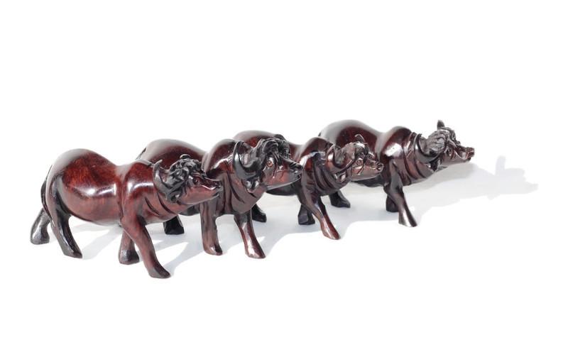 Smooth Fine Art Carved Buffalo herd of 4. Dark brown ironwood interior/Office Décor. Walking life like sculpture 13×7cm. Ready to Ship Gift