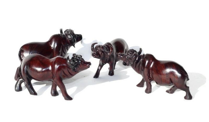 Smooth Fine Art Carved Buffalo herd of 4. Dark brown ironwood interior/Office Décor. Walking life like sculpture 13×7cm. Ready to Ship Gift