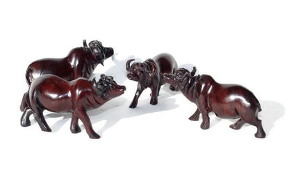 Smooth Fine Art Carved Buffalo herd of 4. Dark brown ironwood interior/Office Décor. Walking life like sculpture 13×7cm. Ready to Ship Gift