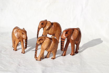 Set of 4 Hand Carved Elephant Herd Olive wood. Light brown polished African art Souvenirs, unique housewarming gift. Ready to Ship Worldwide