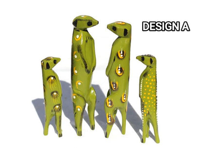Family of 4 Green Painted Meerkat Jacaranda Wood sculptures. Hand Carved figurines. Home/Office interior decor African Art.