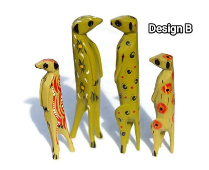 Family of 4 Green Painted Meerkat Jacaranda Wood sculptures. Hand Carved figurines. Home/Office interior decor African Art.