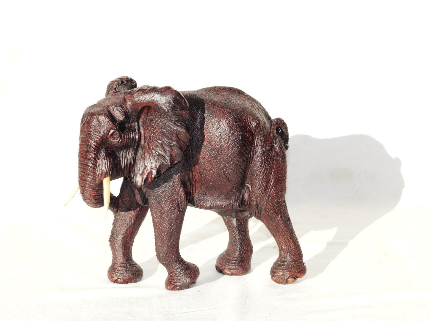 Realistic Elephant Carving Ironwood Sculpture. Ear Scratching with trunk, Zimbabwean hand carved fully detailed art figurine. Ready to Ship