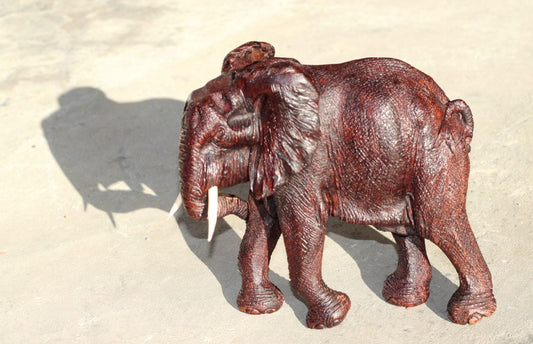 Realistic Elephant Carving Ironwood Sculpture. Ear Scratching with trunk, Zimbabwean hand carved fully detailed art figurine. Ready to Ship