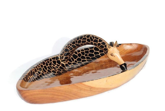 Large Giraffe Neck Handle animal print Teak wood Bowls. Oval shaped Painted table centerpiece. Mozambique handmade Art Decor Christmas gifts