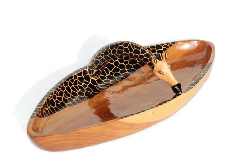 Large Giraffe Neck Handle animal print Teak wood Bowls. Oval shaped Painted table centerpiece. Mozambique handmade Art Decor Christmas gifts