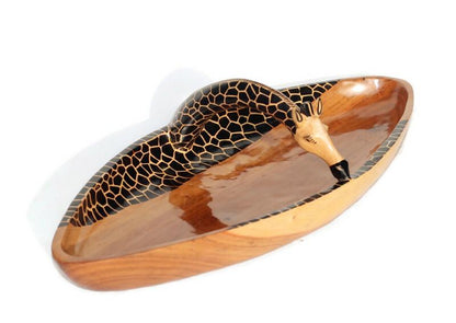 Large Giraffe Neck Handle animal print Teak wood Bowls. Oval shaped Painted table centerpiece. Mozambique handmade Art Decor Christmas gifts