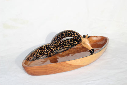 Large Giraffe Neck Handle animal print Teak wood Bowls. Oval shaped Painted table centerpiece. Mozambique handmade Art Decor Christmas gifts