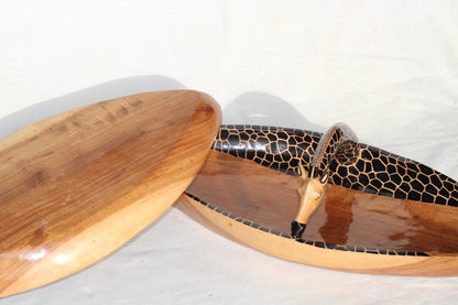 Large Giraffe Neck Handle animal print Teak wood Bowls. Oval shaped Painted table centerpiece. Mozambique handmade Art Decor Christmas gifts