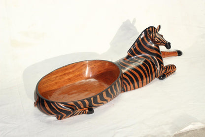 Seating Zebra animal print Teak wood Snack Bowl. Painted table centerpiece. Mozambique handmade Art Decor Christmas gifts