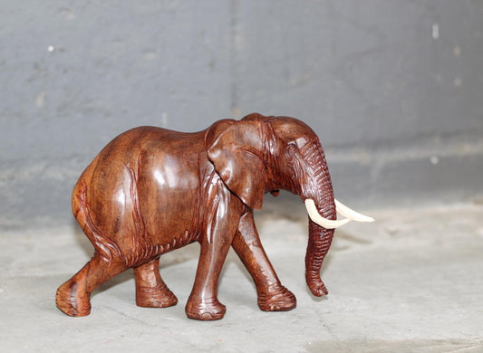 Smooth fine art carved Ironwood Elephant Sculpture. Zimbabwean lifelike Safari Animal figurine. Unique African Big 5 gift Ready to Ship