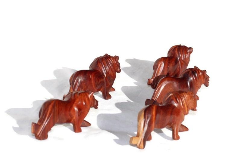 5 x Teak Wood hand carved lion mini Figurines. Walking design Sculptures. Unique African art Gifts for Home /office decor. Ready to Ship