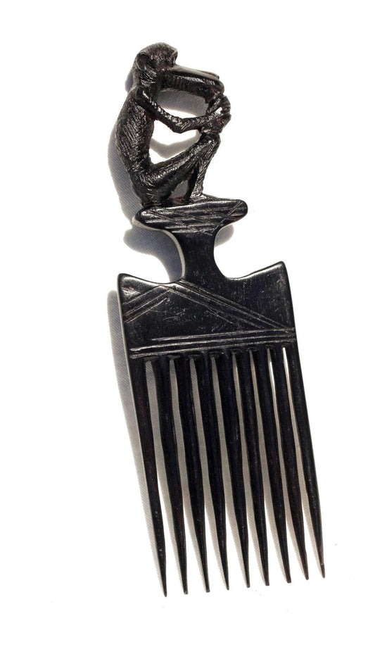 Genuine Ebony wood Seating Eating Baboon Tanzanian Handcarved Afro Pick. African Art comb gift. Used in the olden days as a symbol of love