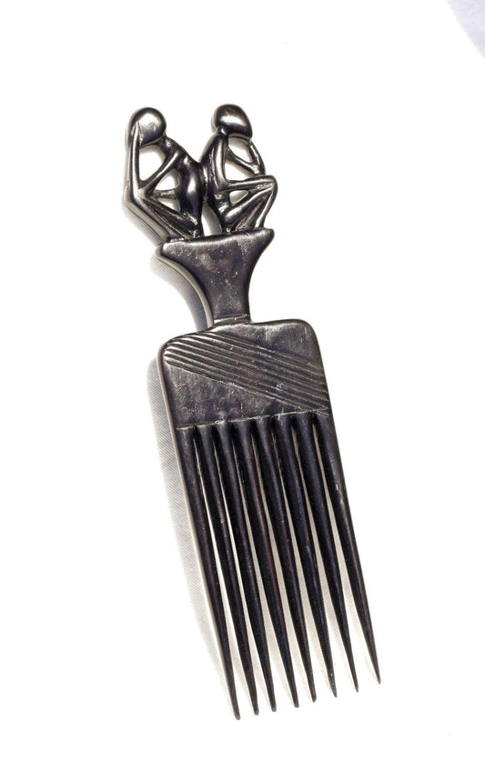 Genuine Ebony wood 2 Sitting Thinking Man Tanzanian Handcarved Afro Comb. African Art comb gift. Used in the olden days as a symbol of love