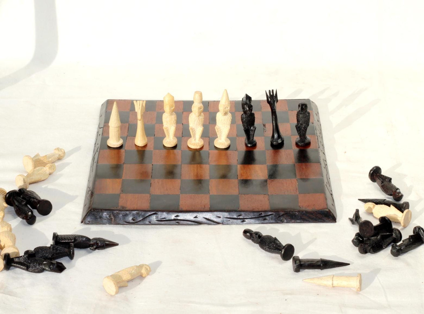 Malawian handcarved mix of Ebony and Mahogany Wood 30cm board and Tanzanian Makonde Monkey Themed Chess Pieces Set. unique combo Gift set