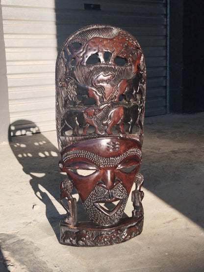 African Man Face Standing Mask with Big 5 Animal Carvings. Handcarved interior decor tribal art. Large, Brown iron Wood Decor. Ready to Ship