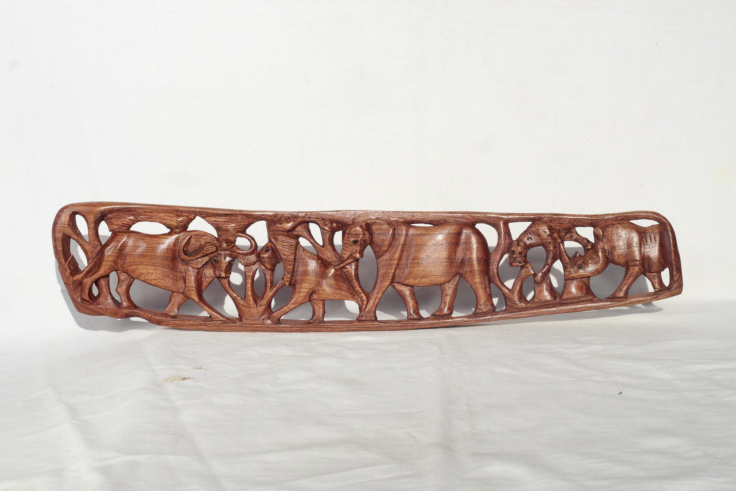 African Big Five Olive wood carved Table Decor Panel. Safari animals art Smooth self Standing Brown Polished Handcarved gift for home/office