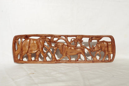 African Big Five Olive wood carved Table Decor Panel. Safari animals art Smooth self Standing Brown Polished Handcarved gift for home/office